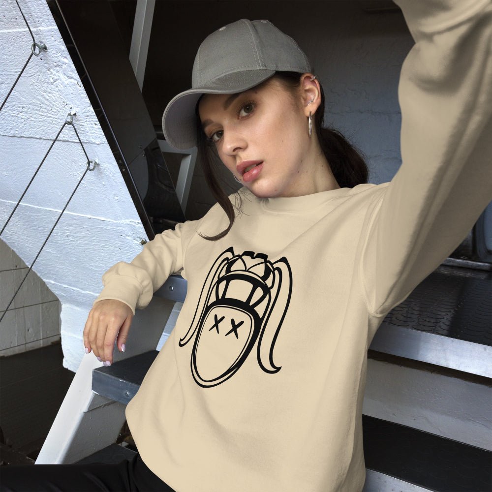 Sand-colored women's sweatshirt with bold black graphic, relaxed fit rugby hoodie style. - Rugby Girl