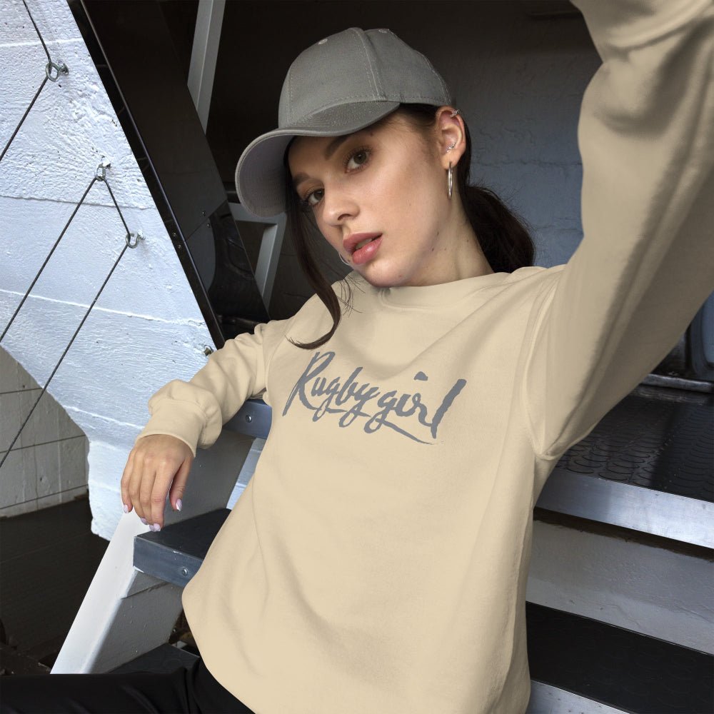 Sand colored women's rugby sweatshirt with script "Rugby girl" logo, casual sporty style rugby apparel. - Rugby Girl