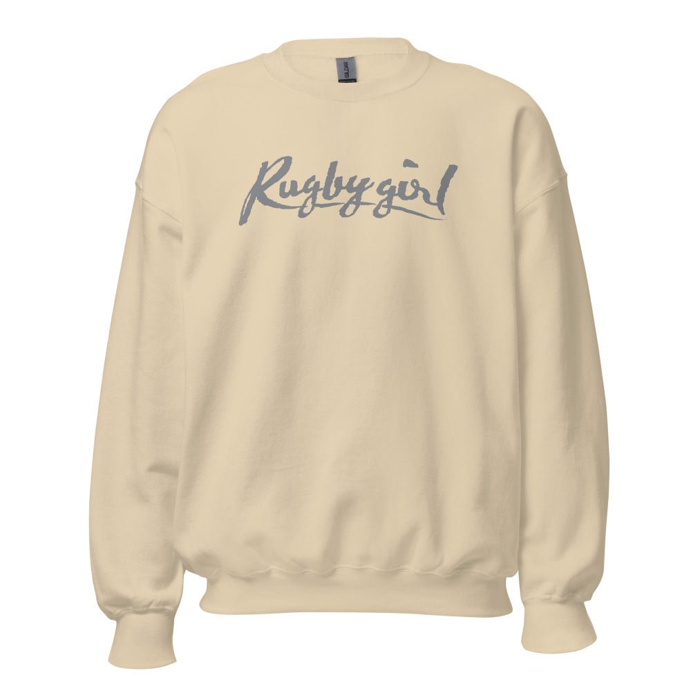 Sand-colored women's rugby sweatshirt with "Rugby girl" script in navy, casual rugby apparel. - Rugby Girl