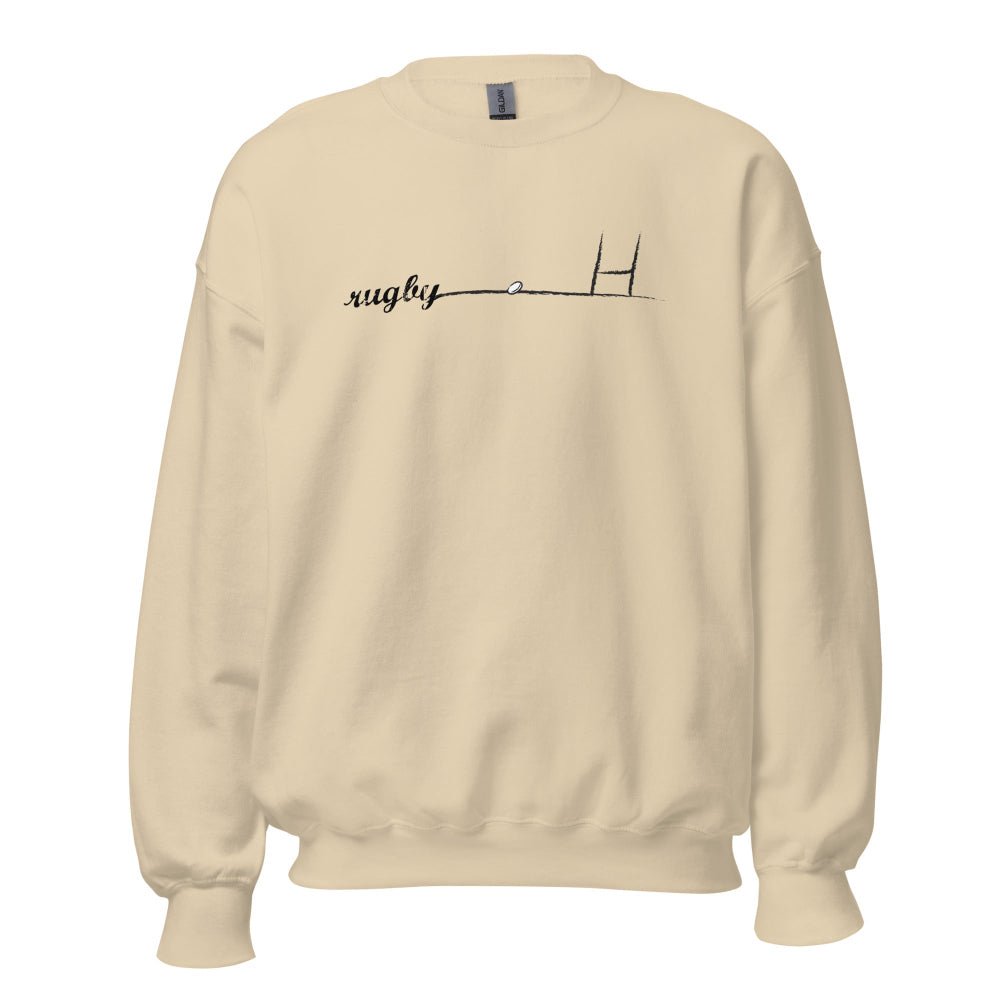 Sand-colored women's rugby sweatshirt with minimalist goalpost and cursive "rugby" design, casual rugby apparel. - Rugby Girl