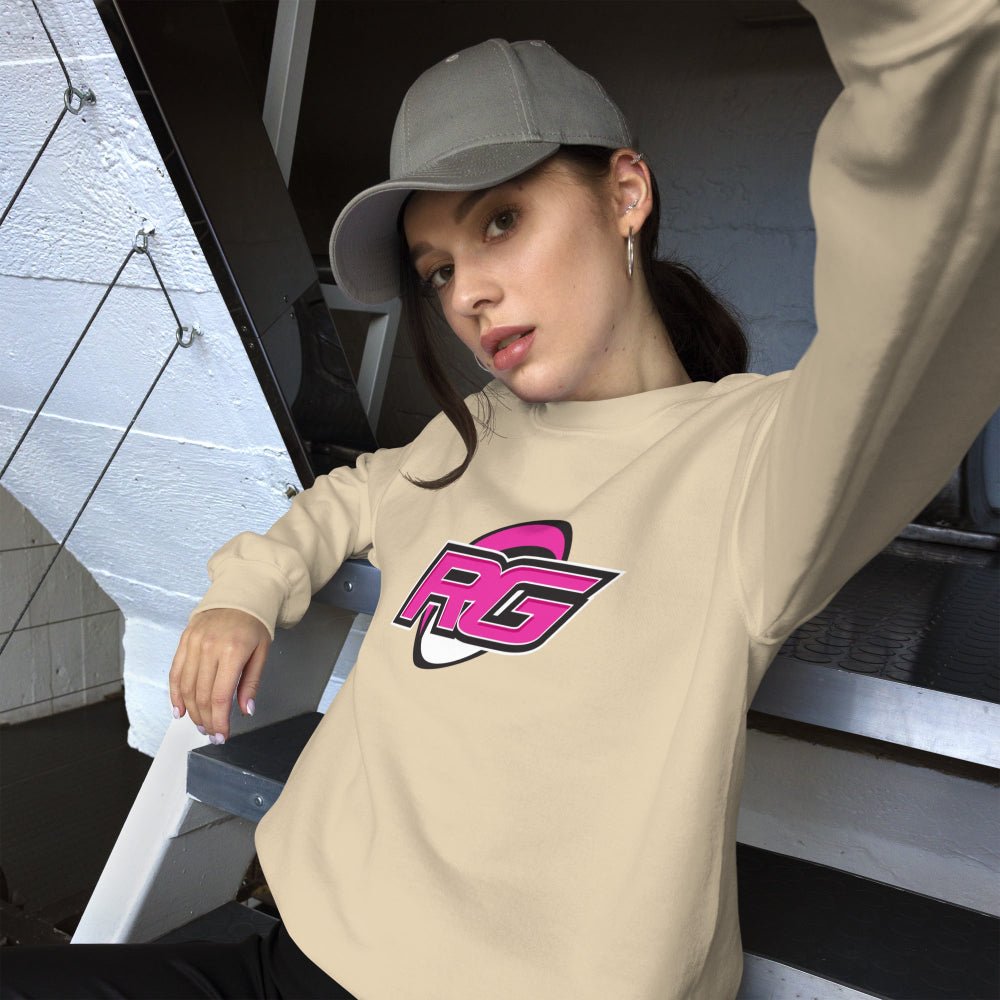 Women's rugby sweatshirt  in sand color with bold pink and white RG logo, casual rugby apparel for rugby girls and fans. - Rugby Girl