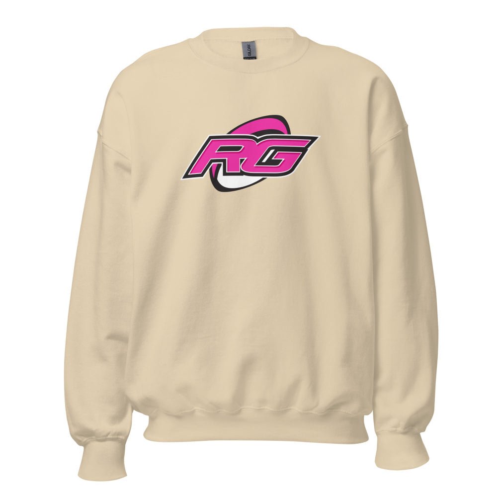 Women's rugby sweatshirt in sand color with bold pink and black RG logo, rugby hoodie style. - Rugby Girl