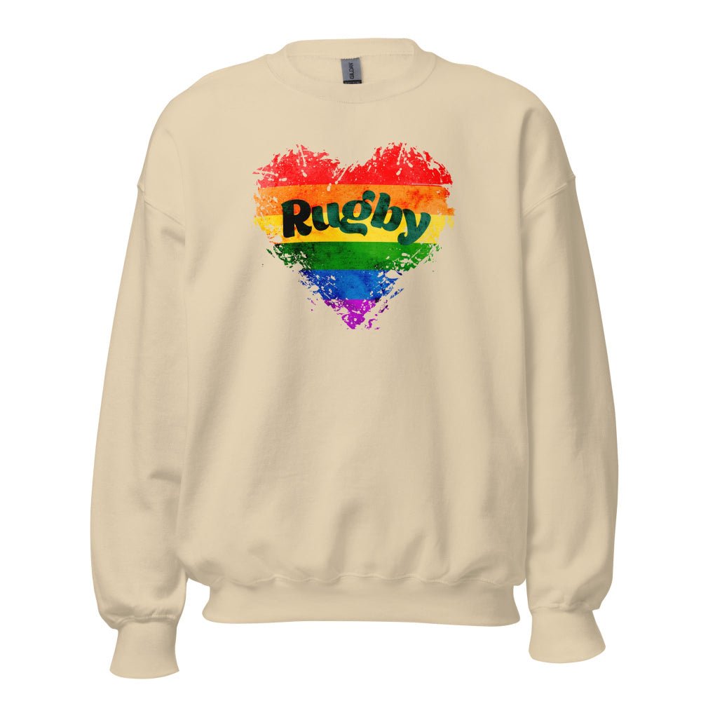 Women's sand colored sweatshirt with rainbow heart and "Rugby" text, rugby girl apparel. - Rugby Girl