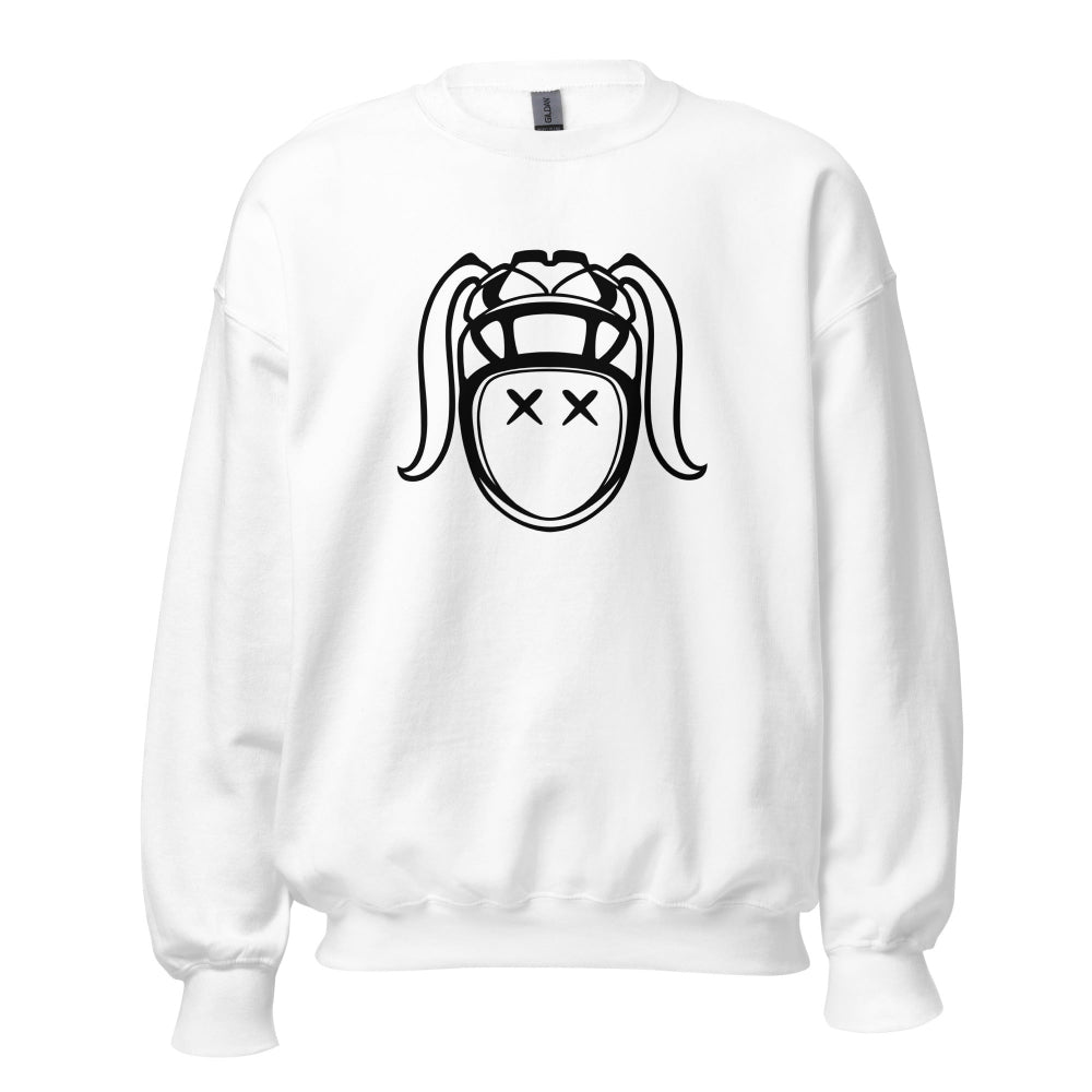 White women's rugby sweatshirt with bold black rugby girl harlequin graphic on front. - Rugby Girl