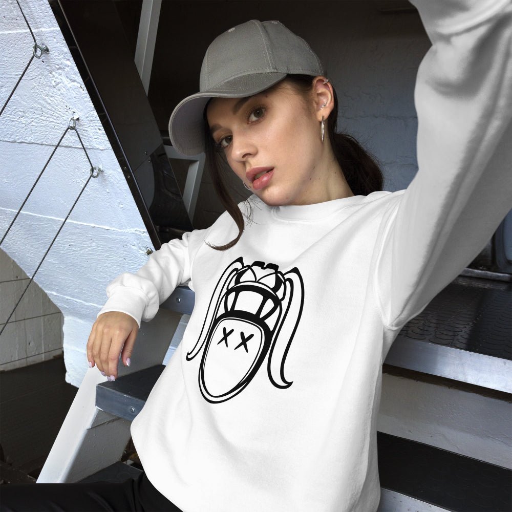 Women's rugby sweatshirt in white with bold black graphic of a stylized face, casual fit rugby girl hoodie style. - Rugby Girl