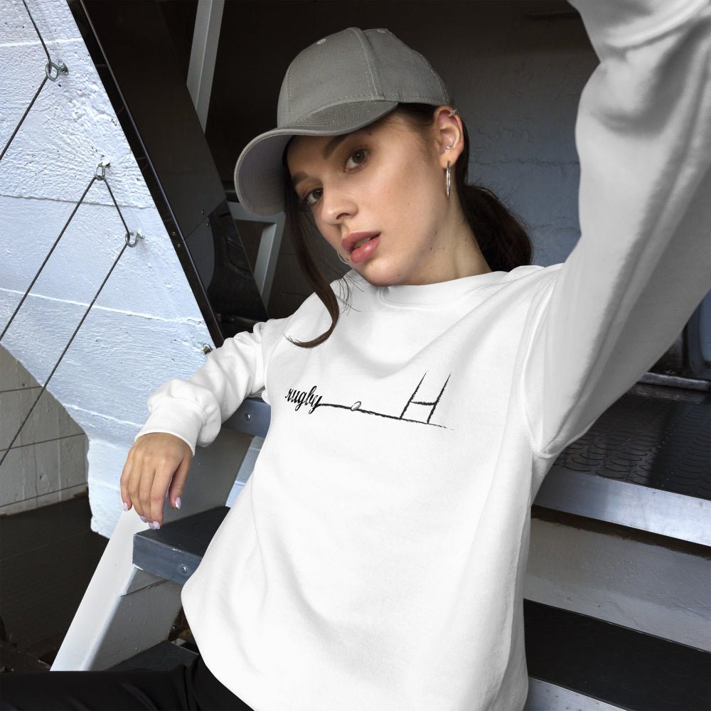 White women's rugby sweatshirt with minimalist rugby goalpost and "rugby girl" text, casual fit. - Rugby Girl