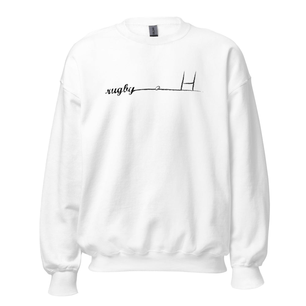 White women's rugby sweatshirt with minimalist rugby goalpost and "rugby" script design, comfortable fit. - Rugby Girl