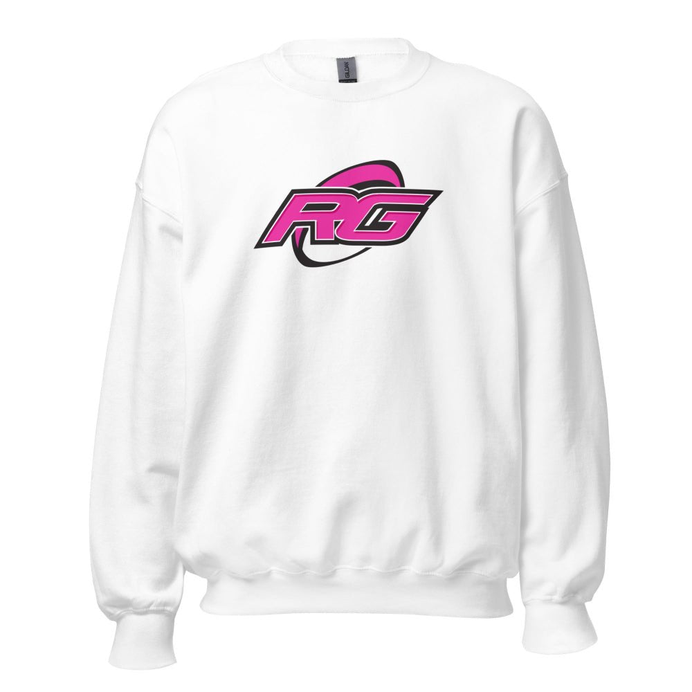 White women's rugby sweatshirt with bold pink RG logo, casual rugby hoodie style. - Rugby Girl