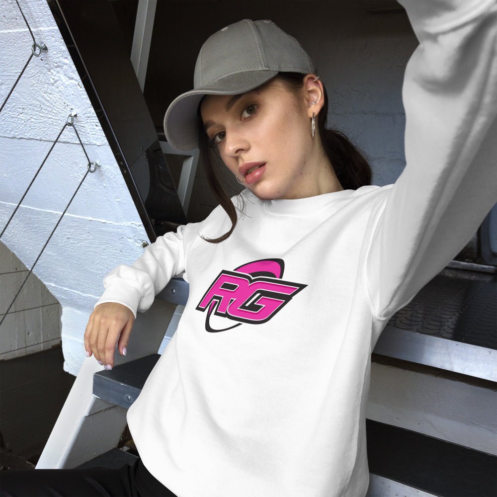 White women's rugby sweatshirt with bold RG Impact logo in pink and black, casual athletic style. - Rugby Girl