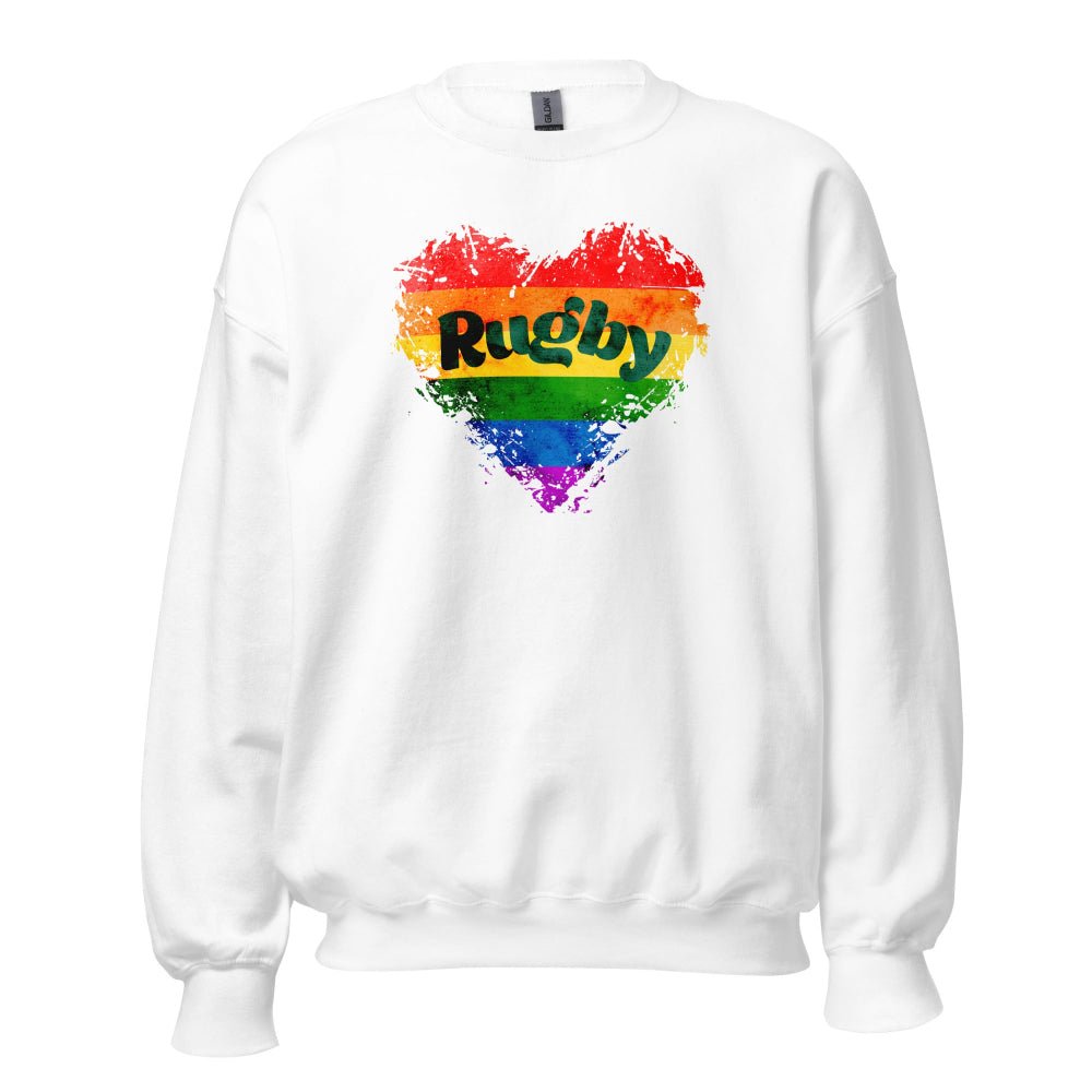 White women's sweatshirt with rainbow heart and "Rugby" text, casual rugby apparel. - Rugby Girl