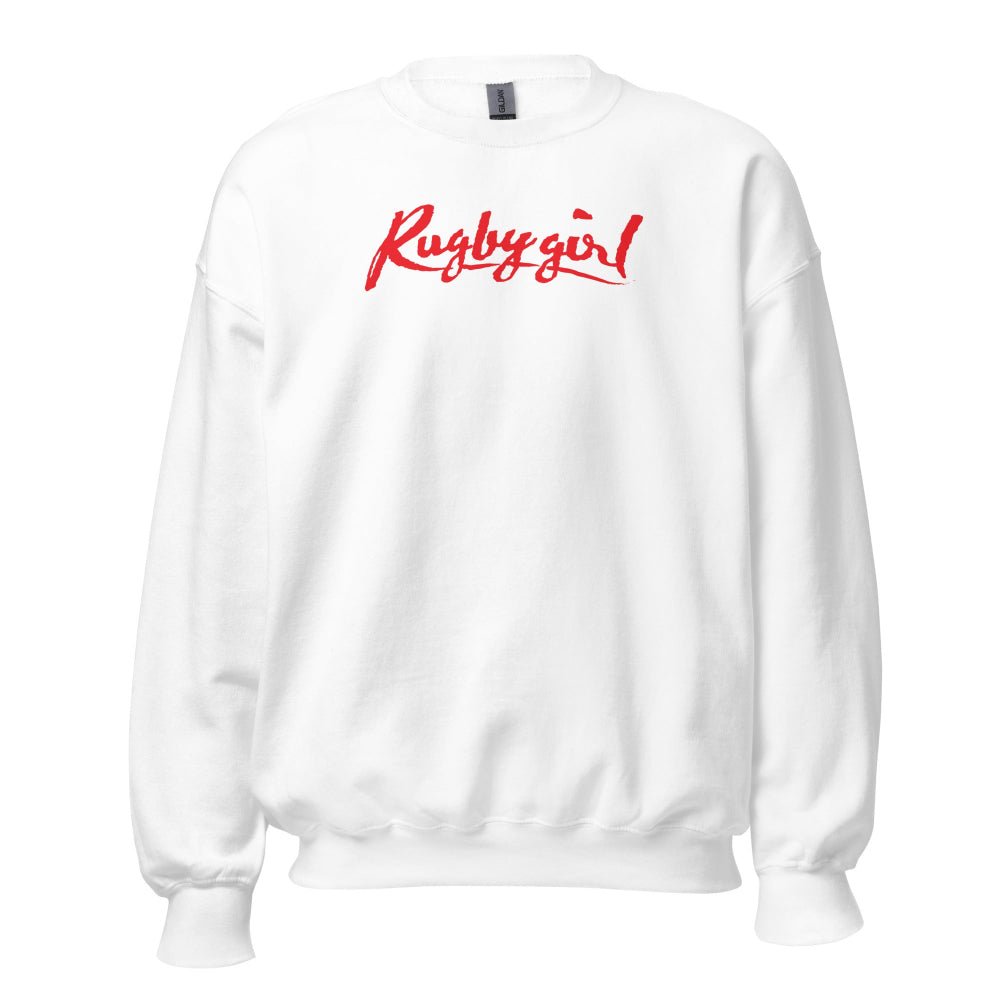 White women's sweatshirt with bold red "Rugby girl" script front, cozy rugby apparel style. - Rugby Girl