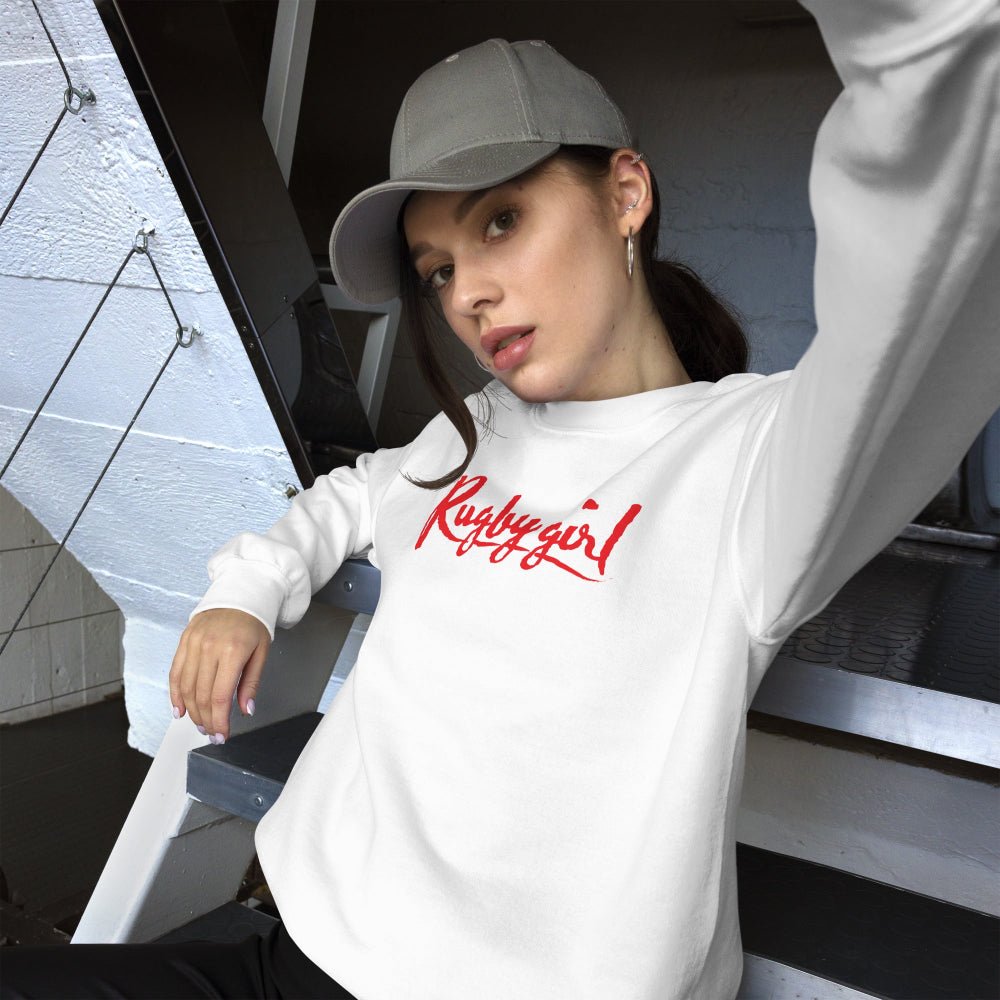 White women's rugby sweatshirt with red "Rugby Girl" script, casual rugby apparel style. - Rugby Girl
