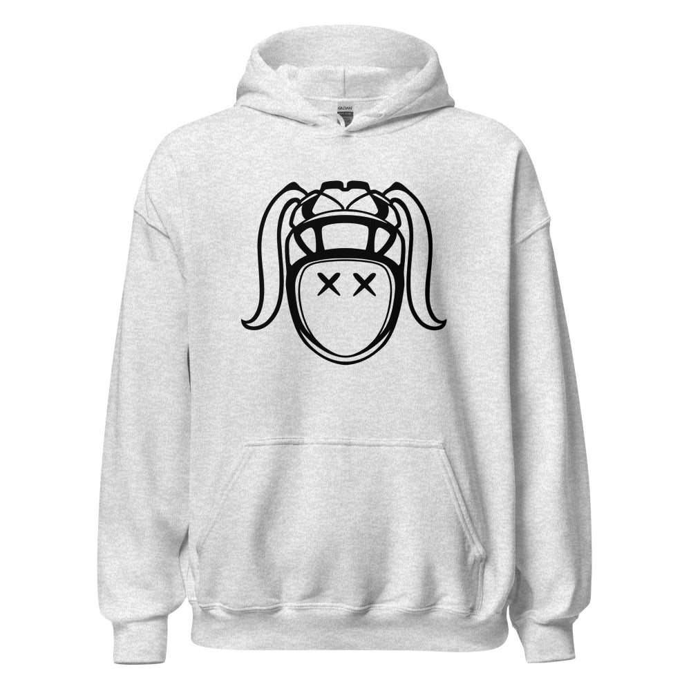 Light gray women's rugby hoodie with bold black rugby girl graphic on front. - Rugby Girl
