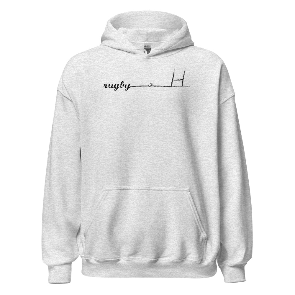 Light grey hoodie with minimalist rugby goalpost graphic and "rugby" text, women's rugby apparel. - Rugby Girl