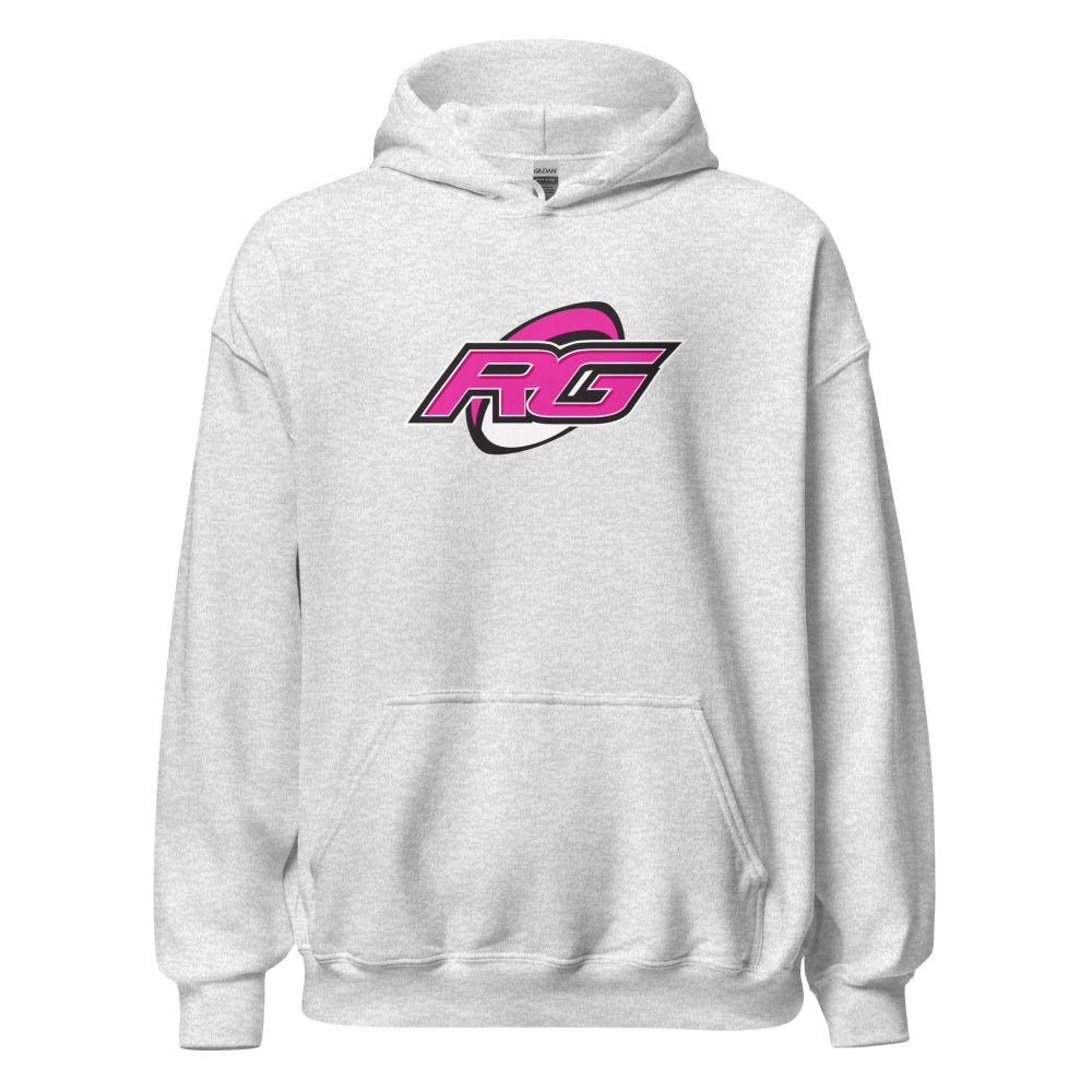 Ash gray women's rugby hoodie with bold pink and black RG logo on chest, kangaroo pocket. - Rugby Girl