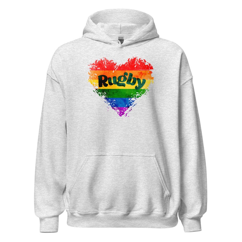 Women's ash grey rugby hoodie with rainbow heart and bold Rugby lettering, perfect rugby gift or fan wear. - Rugby Girl