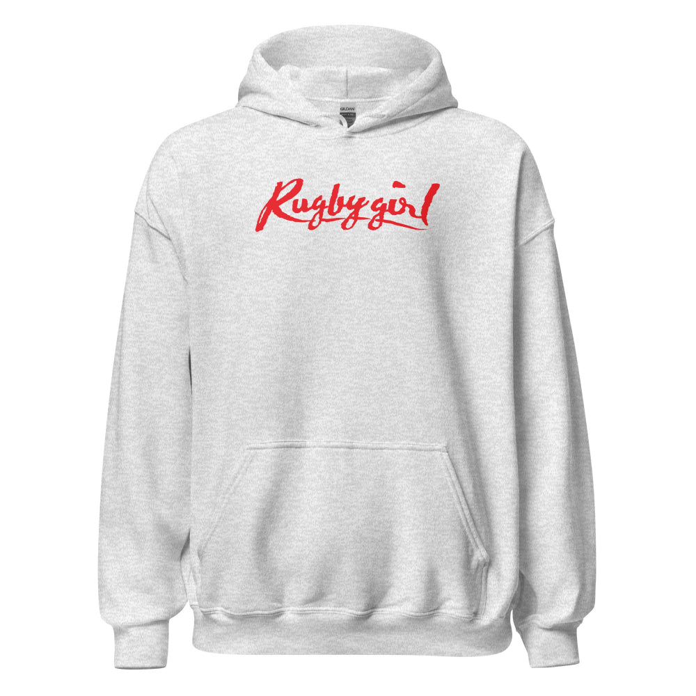 Ash gray women's rugby hoodie with bold red "Rugby girl" script, kangaroo pocket. - Rugby Girl