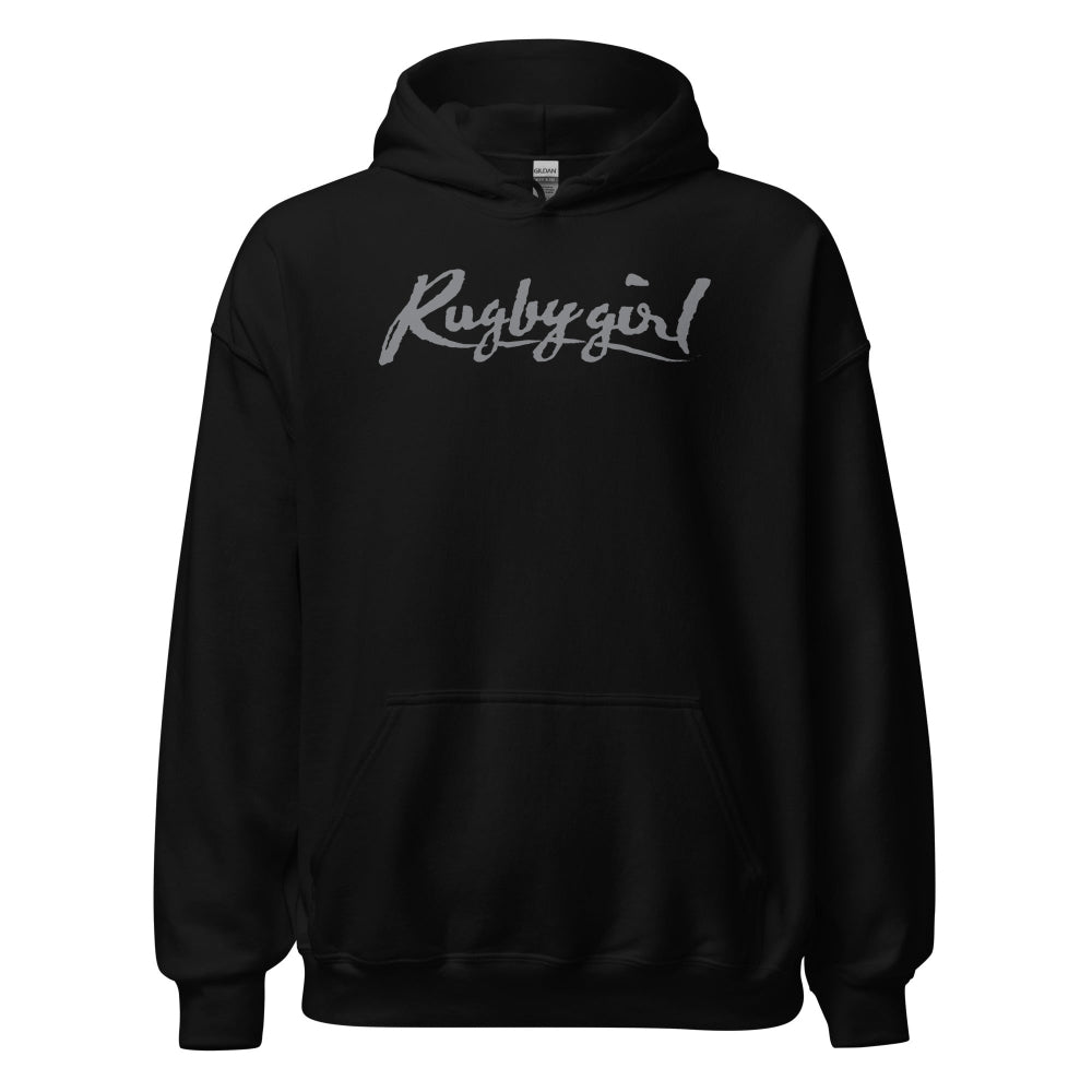Black women's rugby hoodie with silver "Rugby girl" script, front pocket, and relaxed fit. - Rugby Girl