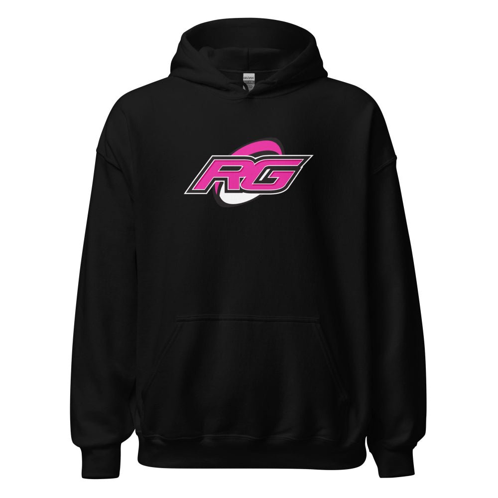 Black women's rugby hoodie with bold pink RG logo, casual rugby apparel for rugby girls and fans. - Rugby Girl