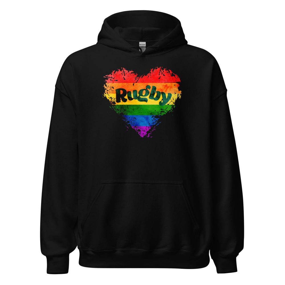 Black women's rugby hoodie with rainbow heart and "Rugby" text, bold pride design. - Rugby Girl
