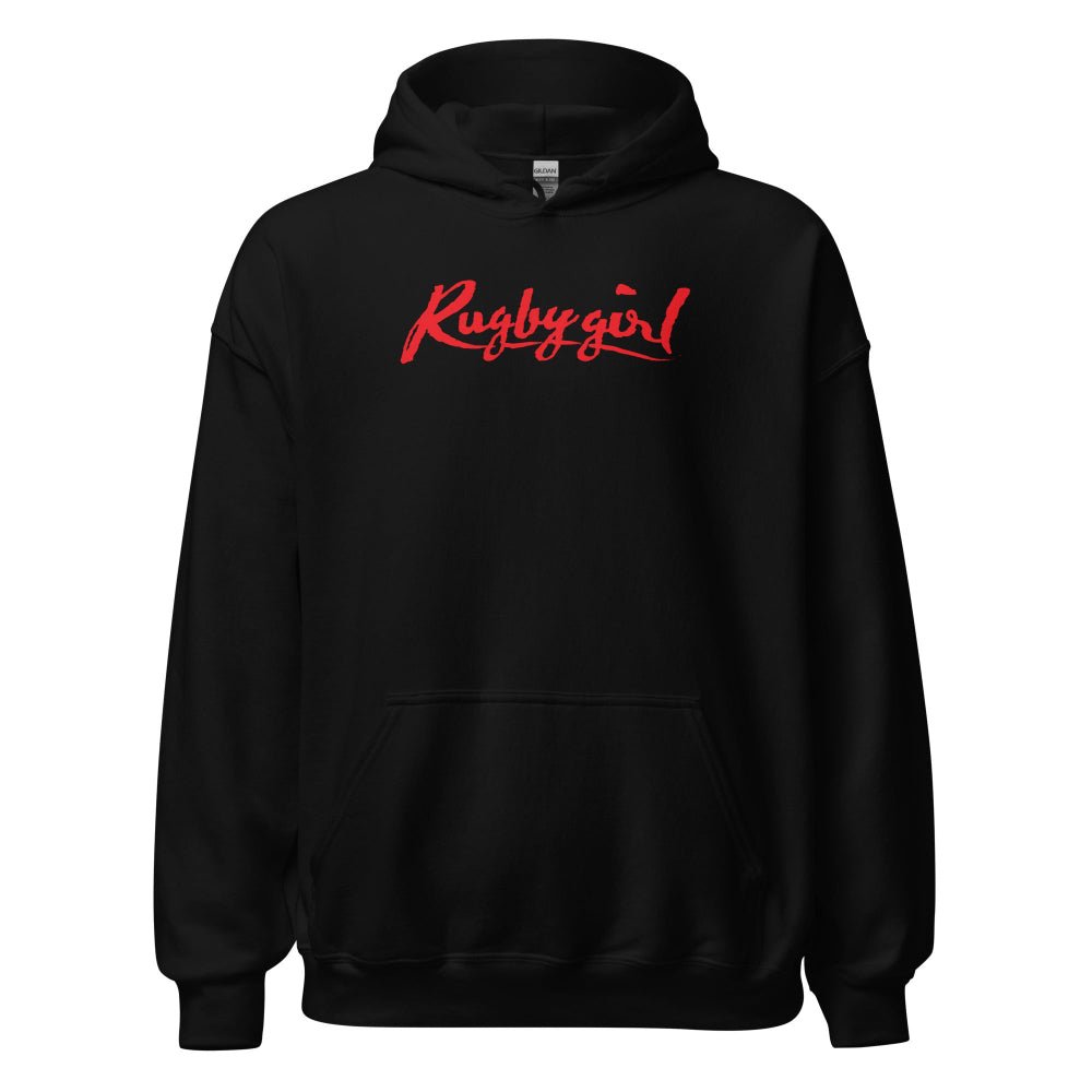 Black women's rugby hoodie with bold red "Rugby girl" script, casual leisure wear, rugby gift. - Rugby Girl
