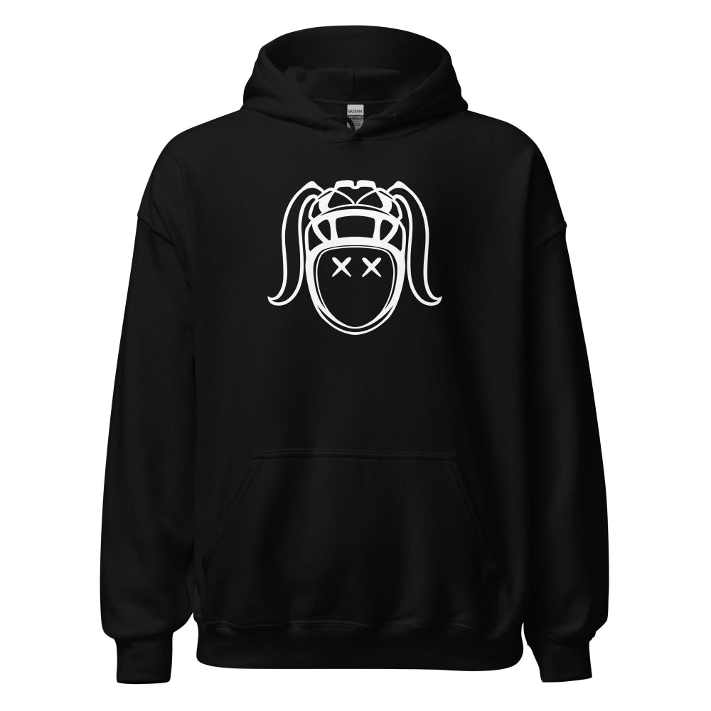 Black women's rugby hoodie with bold white rugby girl graphic and front pouch pocket. - Rugby Girl