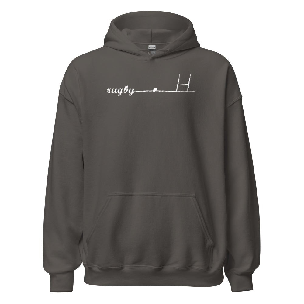 Dark grey women's rugby hoodie with minimalist white rugby goalpost design across chest. - Rugby Girl