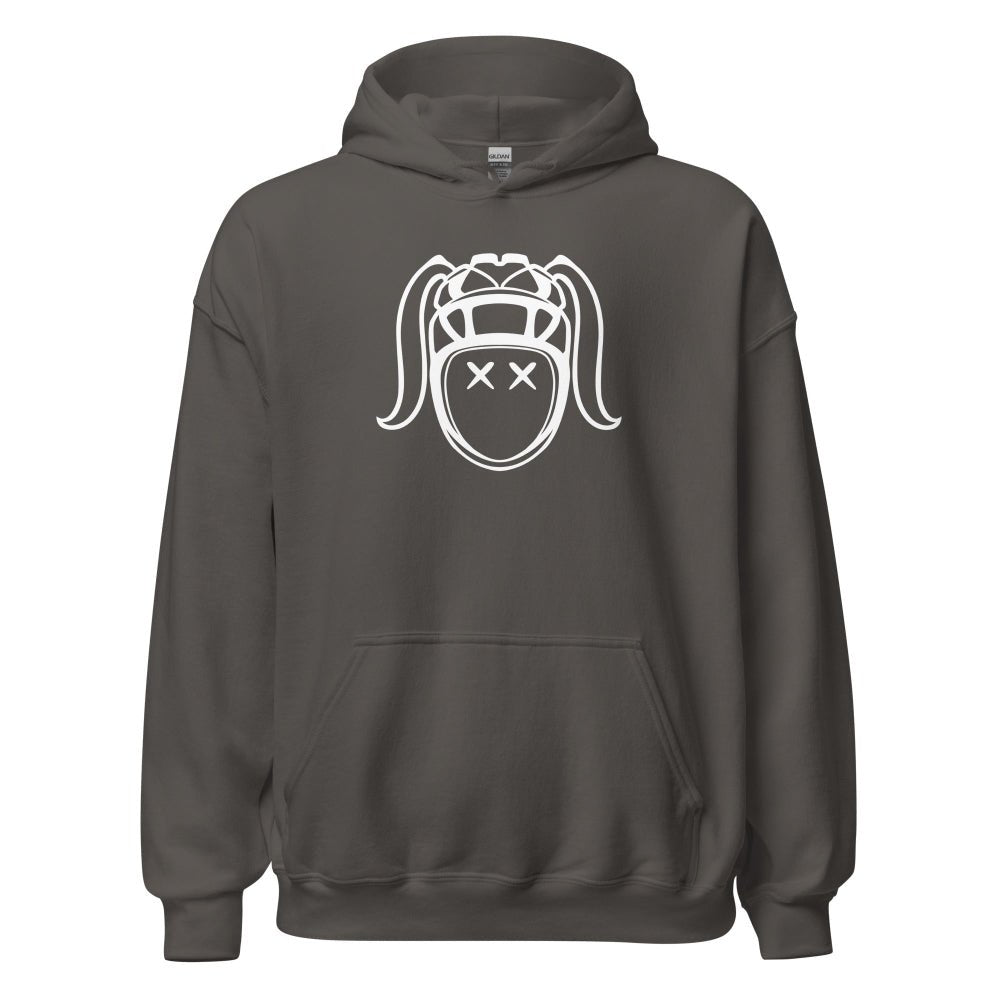 Dark grey women's rugby hoodie with bold white rugby girl graphic and front pocket. - Rugby Girl