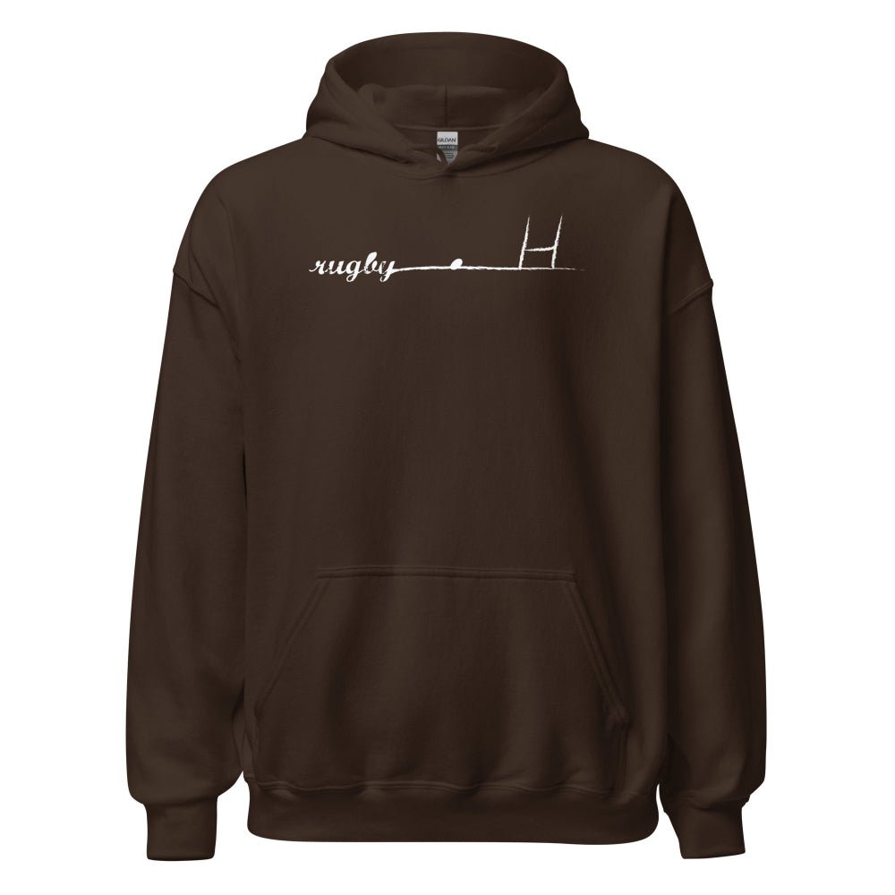 Dark brown women's rugby hoodie with minimalist white "rugby" script and goalpost design, cozy style. - Rugby Girl