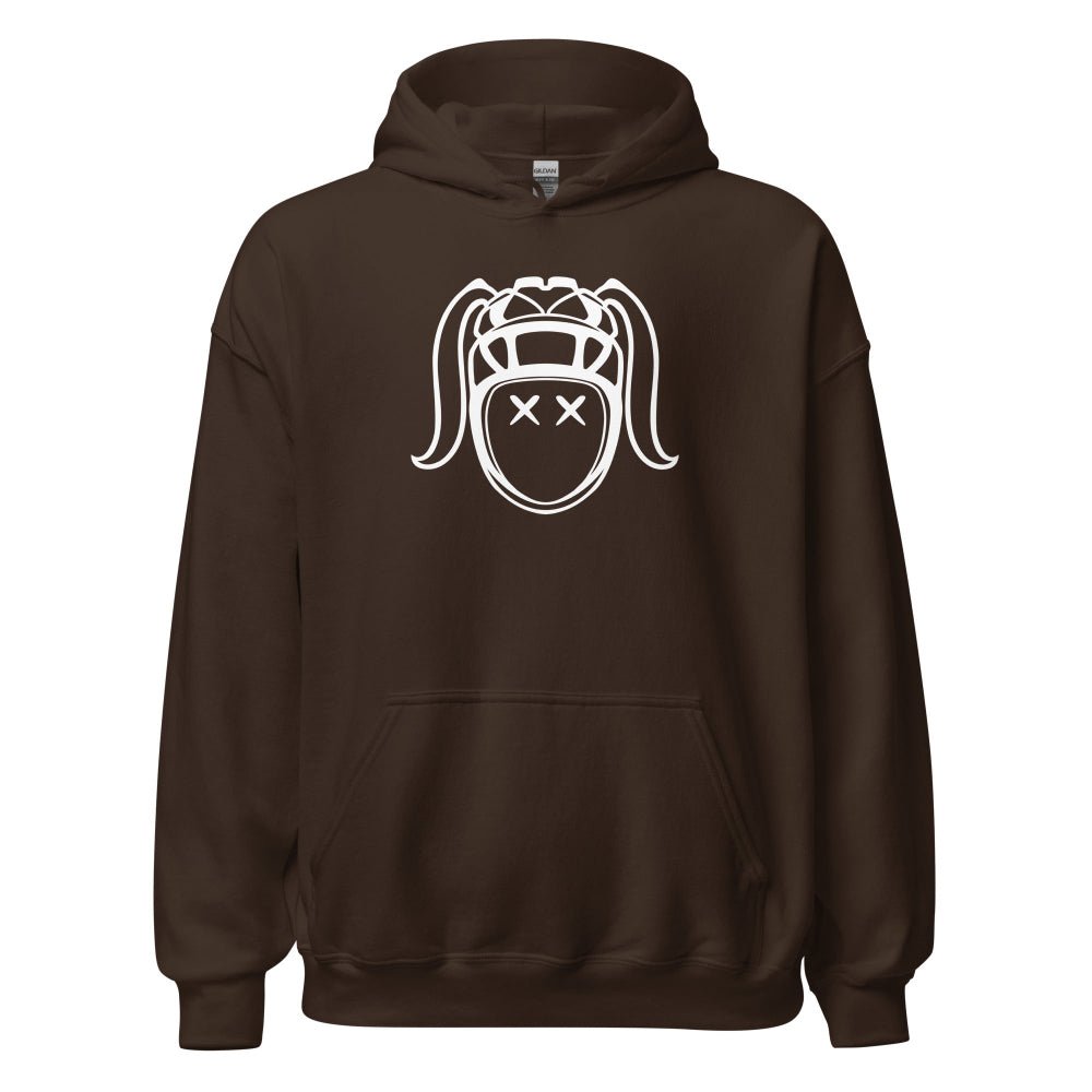 Dark brown women's rugby hoodie with bold white rugby girl graphic and front kangaroo pocket. - Rugby Girl