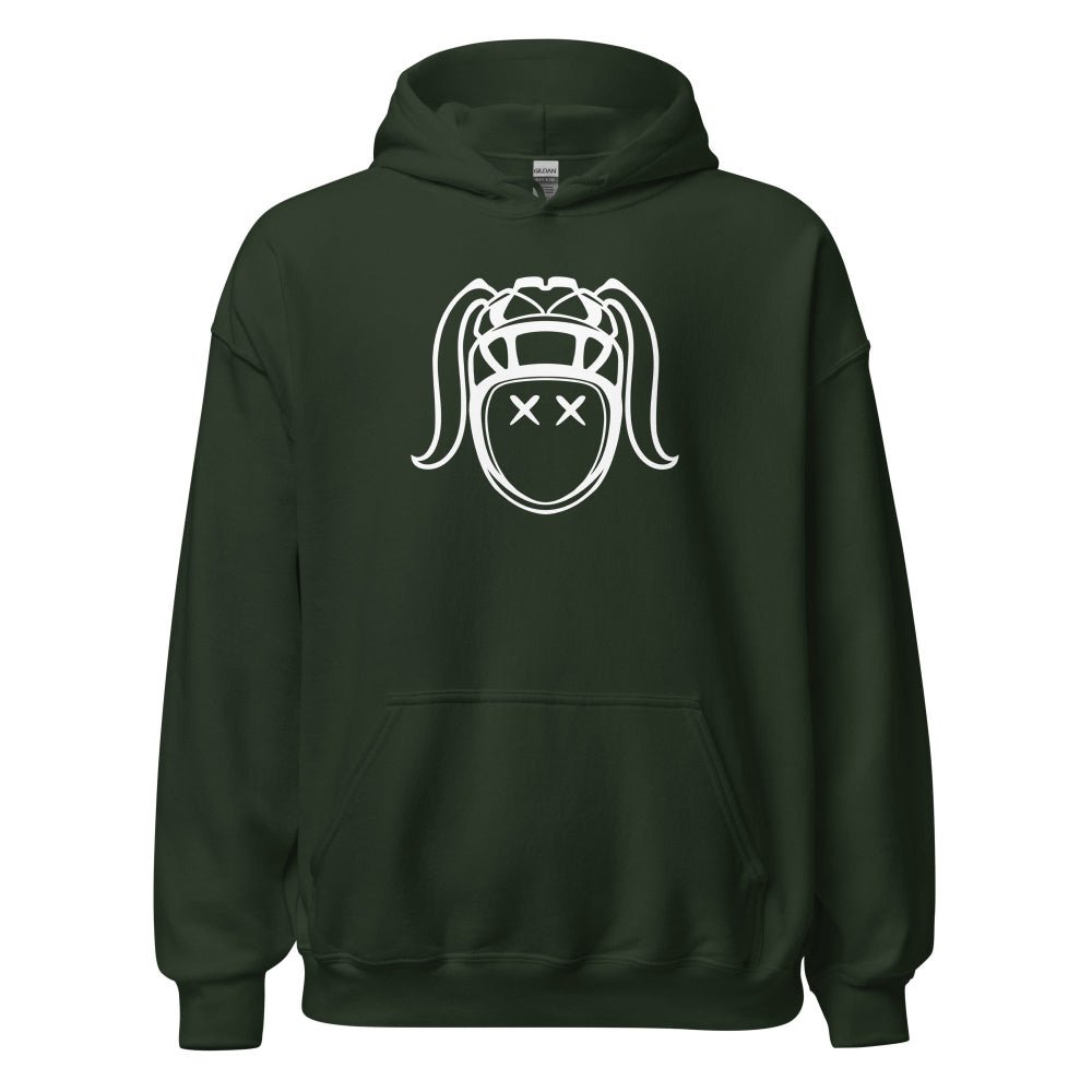Dark green women's rugby hoodie with bold rugby girl graphic emblem and front kangaroo pocket. - Rugby Girl