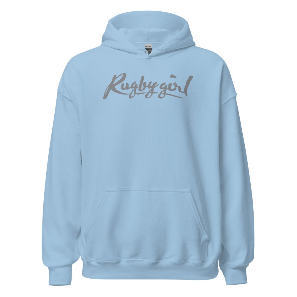 Light blue women's rugby hoodie with scripted "Rugby girl" text and front kangaroo pocket. - Rugby Girl