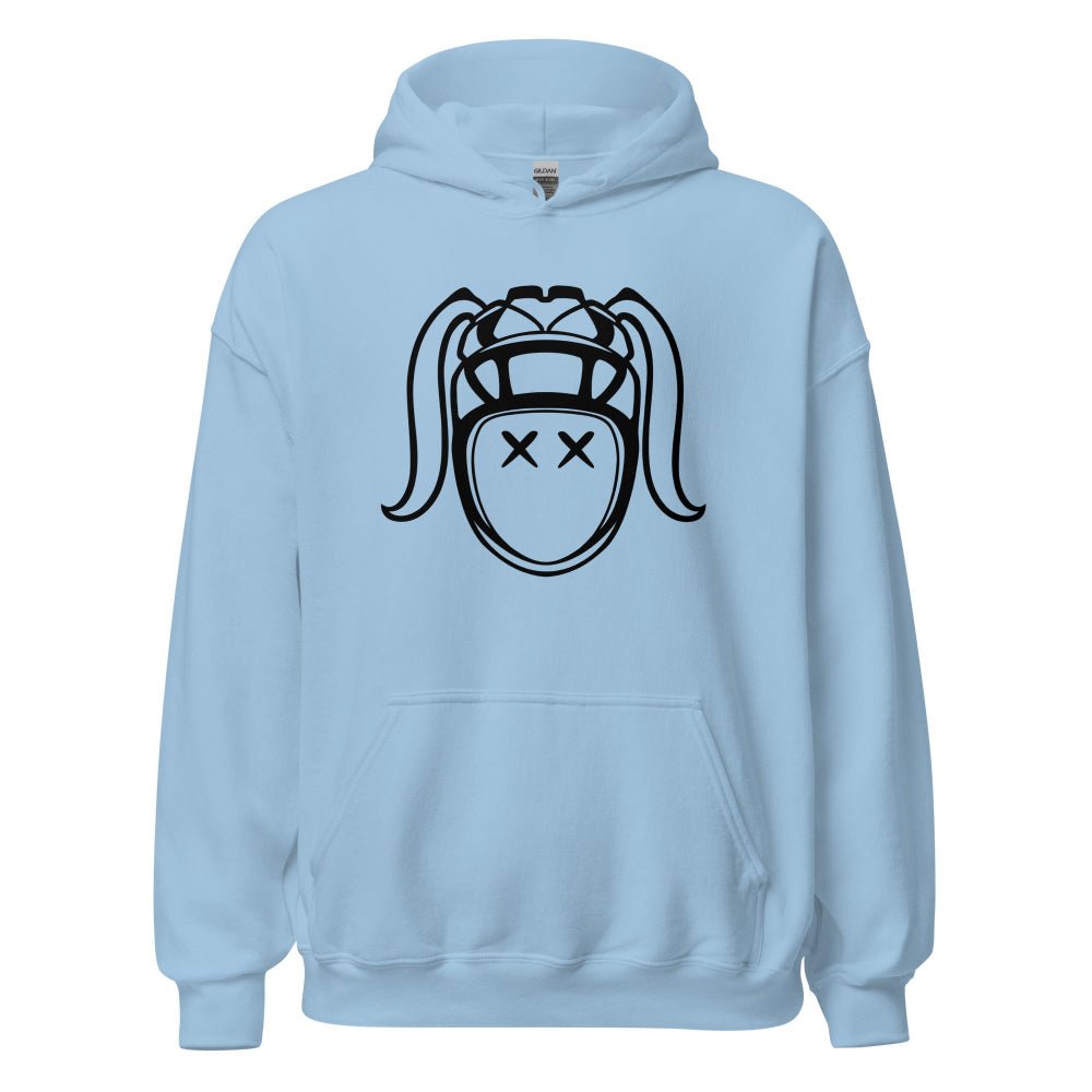 Light blue women's rugby hoodie with bold black graphic of a rugby girl face and playful design. - Rugby Girl
