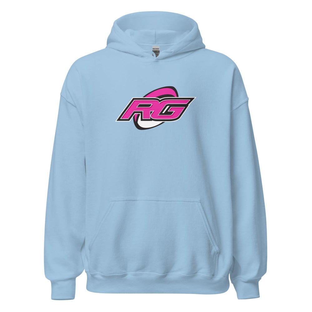 Light blue women's rugby hoodie with bold RG logo in pink and black, front pocket, and drawstring hood. - Rugby Girl