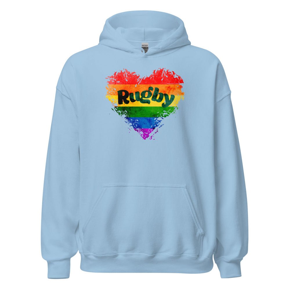 Light blue women's rugby hoodie with rainbow heart and bold "Rugby" text, perfect rugby gift. - Rugby Girl