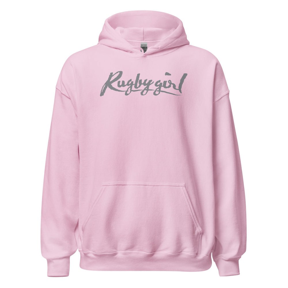 Light pink women's rugby hoodie with "Rugby girl" script and front kangaroo pocket. - Rugby Girl