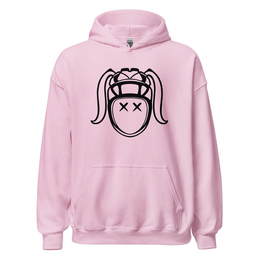 Light pink women's rugby hoodie with bold black rugby girl face graphic, front pocket, and drawstring hood. - Rugby Girl