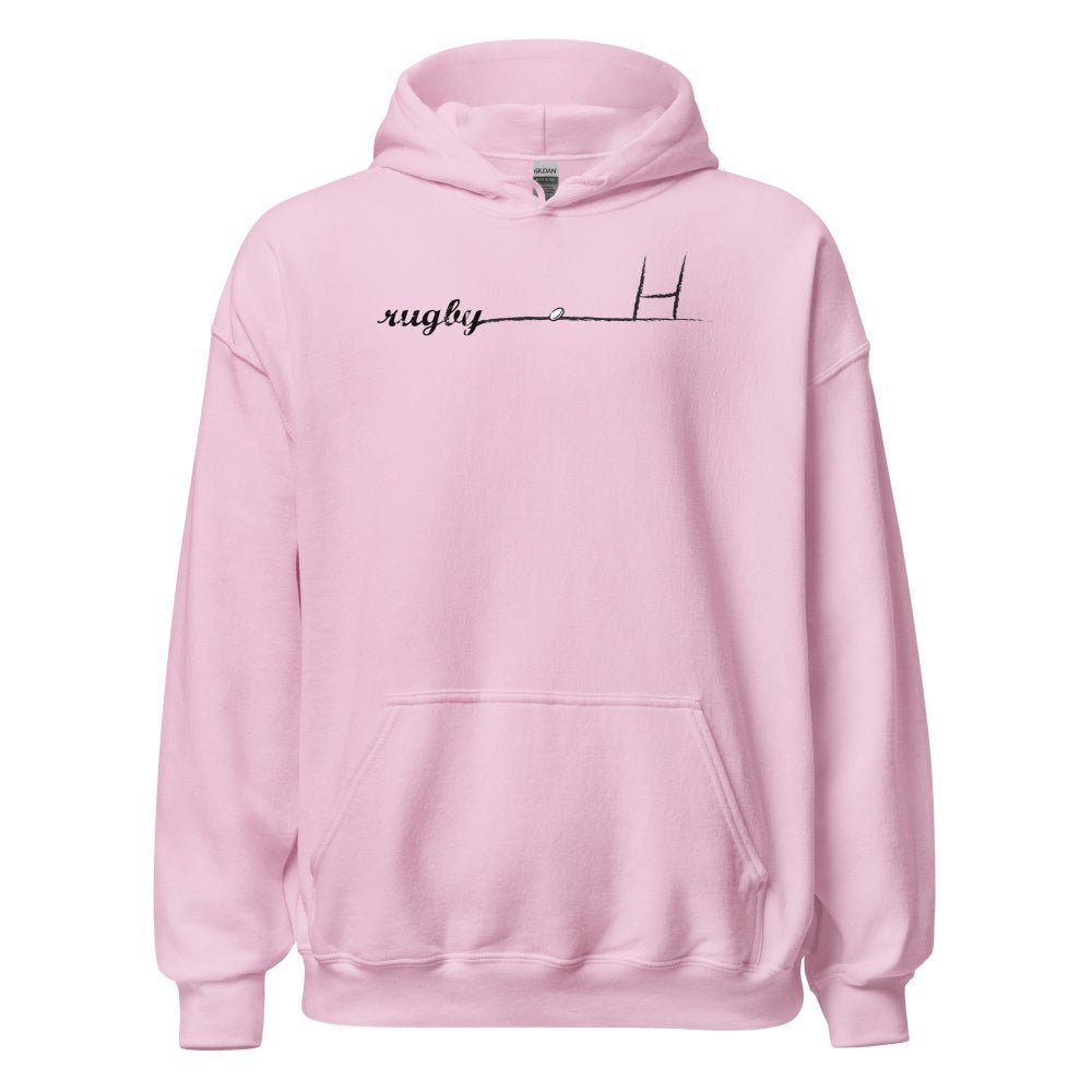 Light pink women's rugby hoodie with minimalist rugby goalpost and "rugby" text design, casual rugby apparel. - Rugby Girl