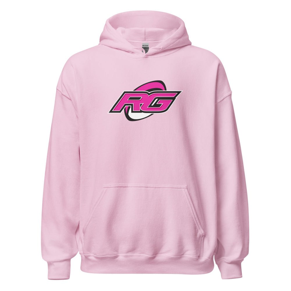 Light pink women's rugby hoodie with bold RG logo, cozy fit for rugby girls and fans. - Rugby Girl