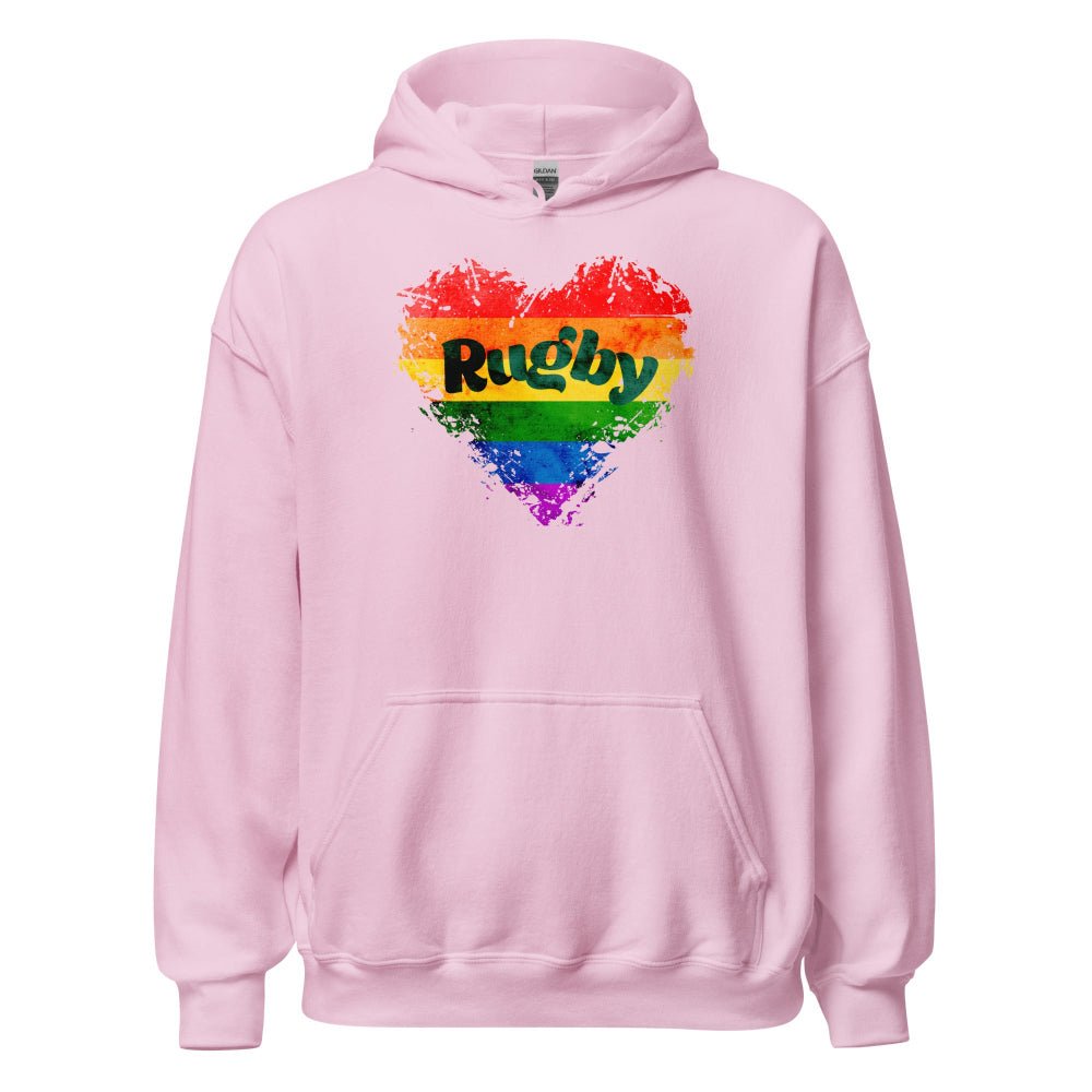 Light pink women's rugby hoodie with rainbow heart and Rugby text for rugby girls and fans. - Rugby Girl
