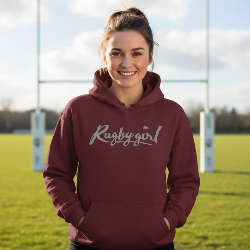 Maroon women's rugby hoodie with "Rugby Girl" script, sporty casual style for fans and players. - Rugby Girl