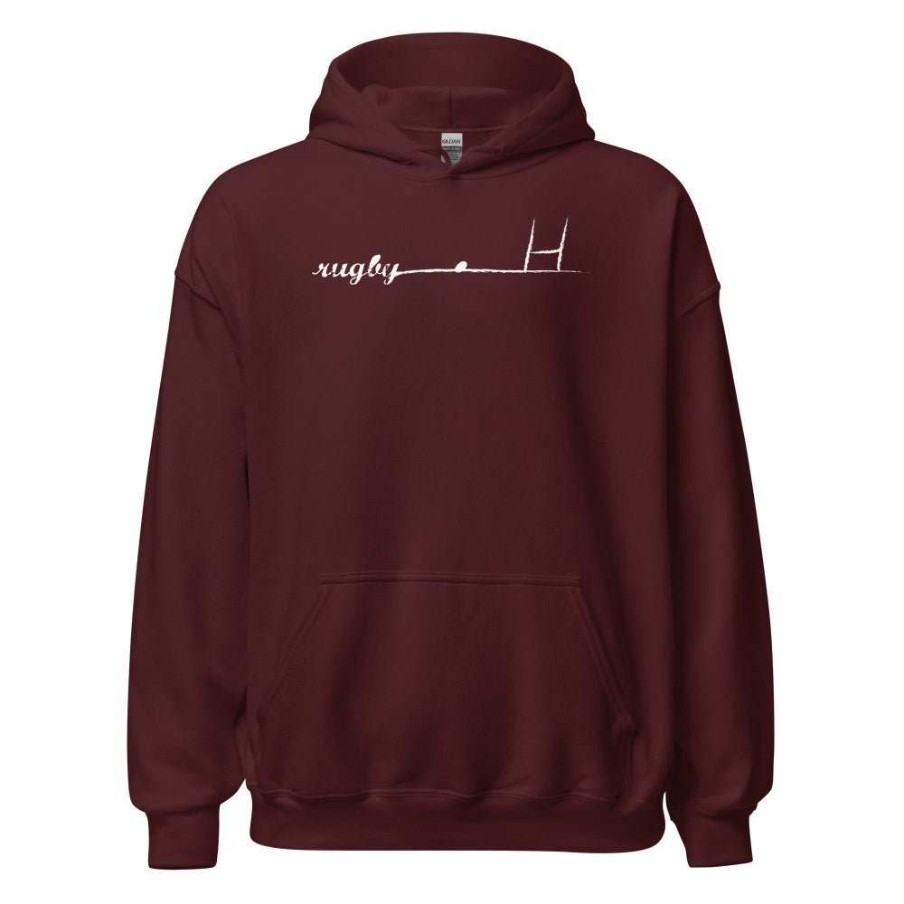 Maroon women's rugby hoodie with white goalpost and rugby girl graphic, casual sportswear style. - Rugby Girl