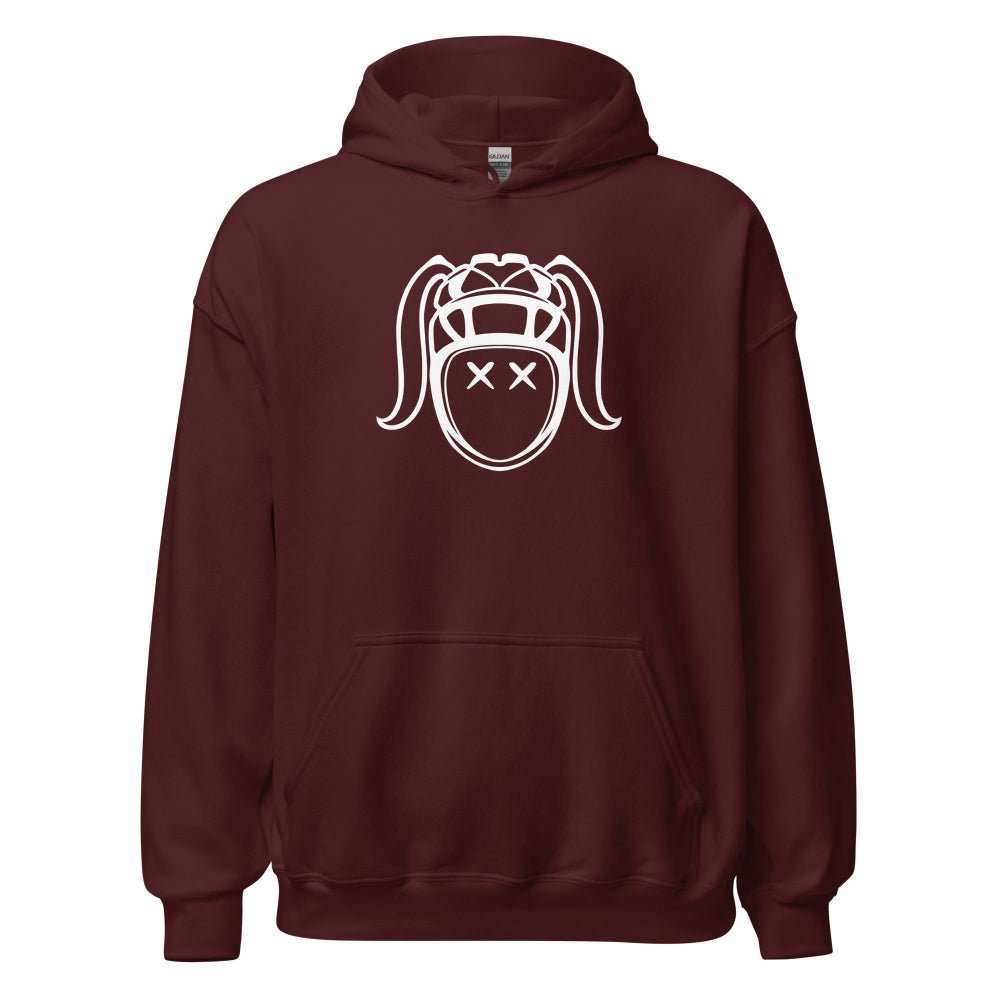 Maroon women's rugby hoodie with white playful rugby girl graphic, cozy fit and front pocket. - Rugby Girl