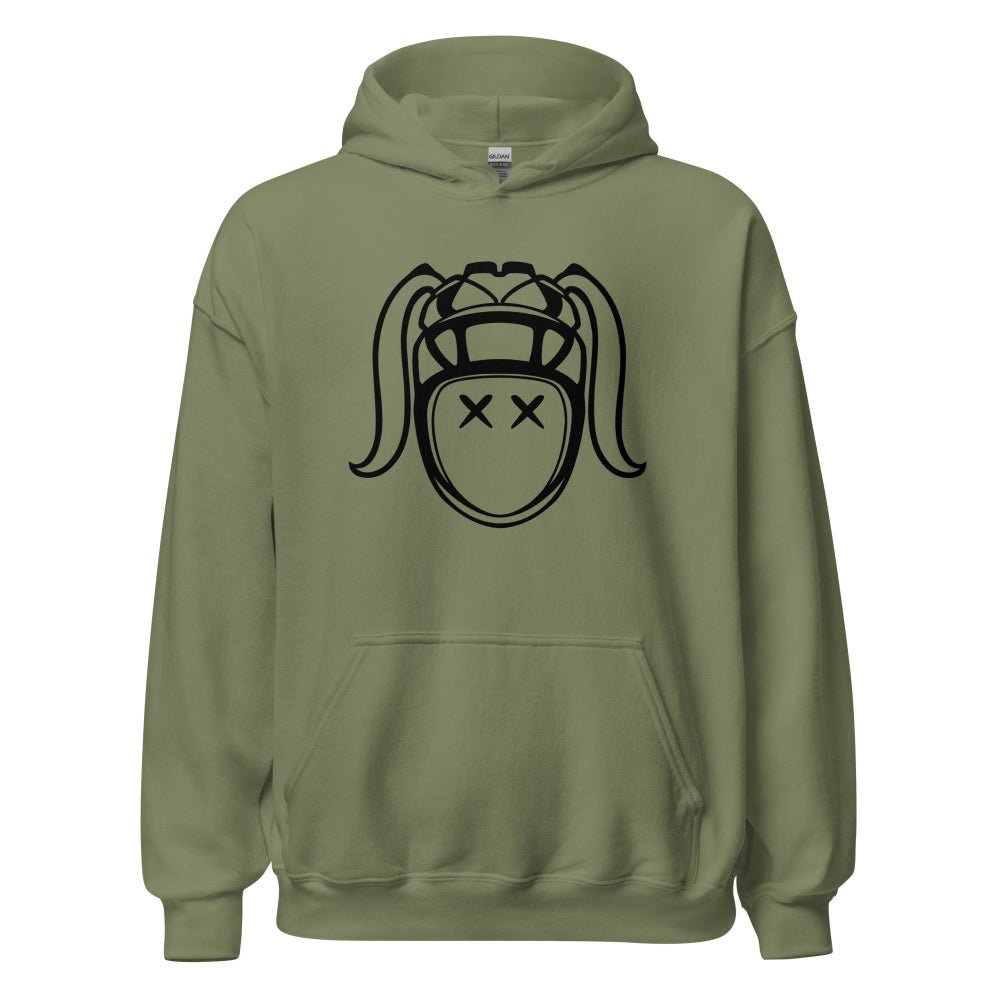 Military green women's rugby hoodie with bold black rugby girl graphic on front. - Rugby Girl