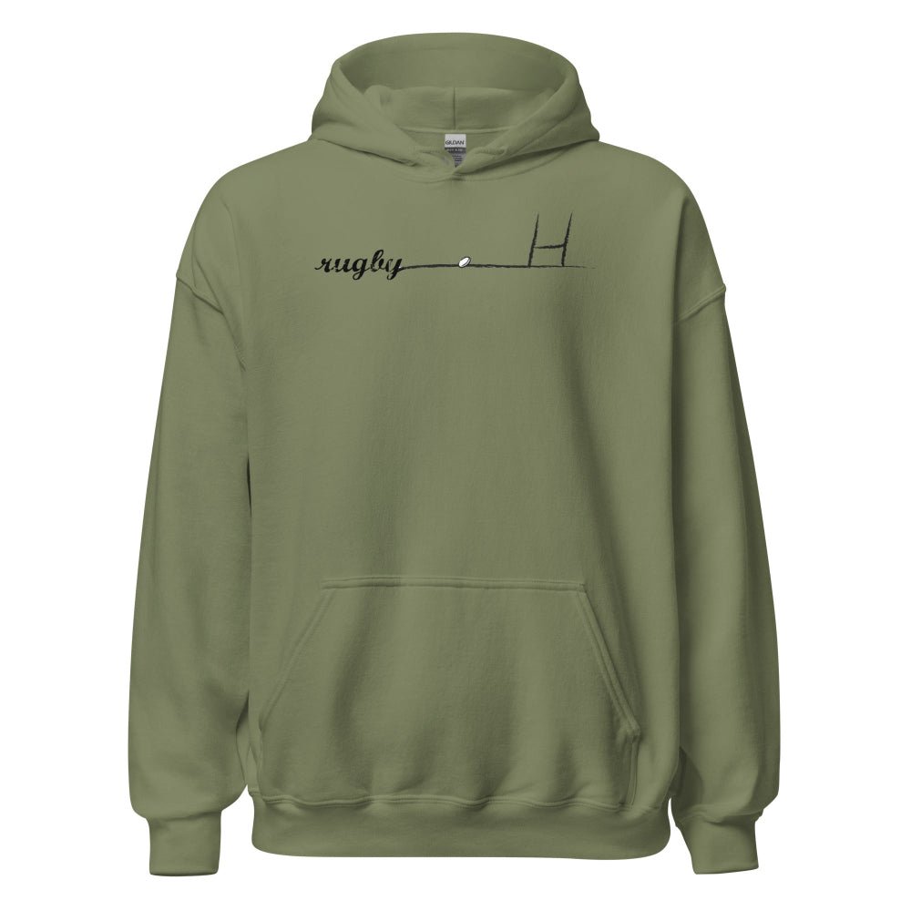 Military green women's rugby hoodie with minimalist goalpost design and kangaroo pocket. - Rugby Girl