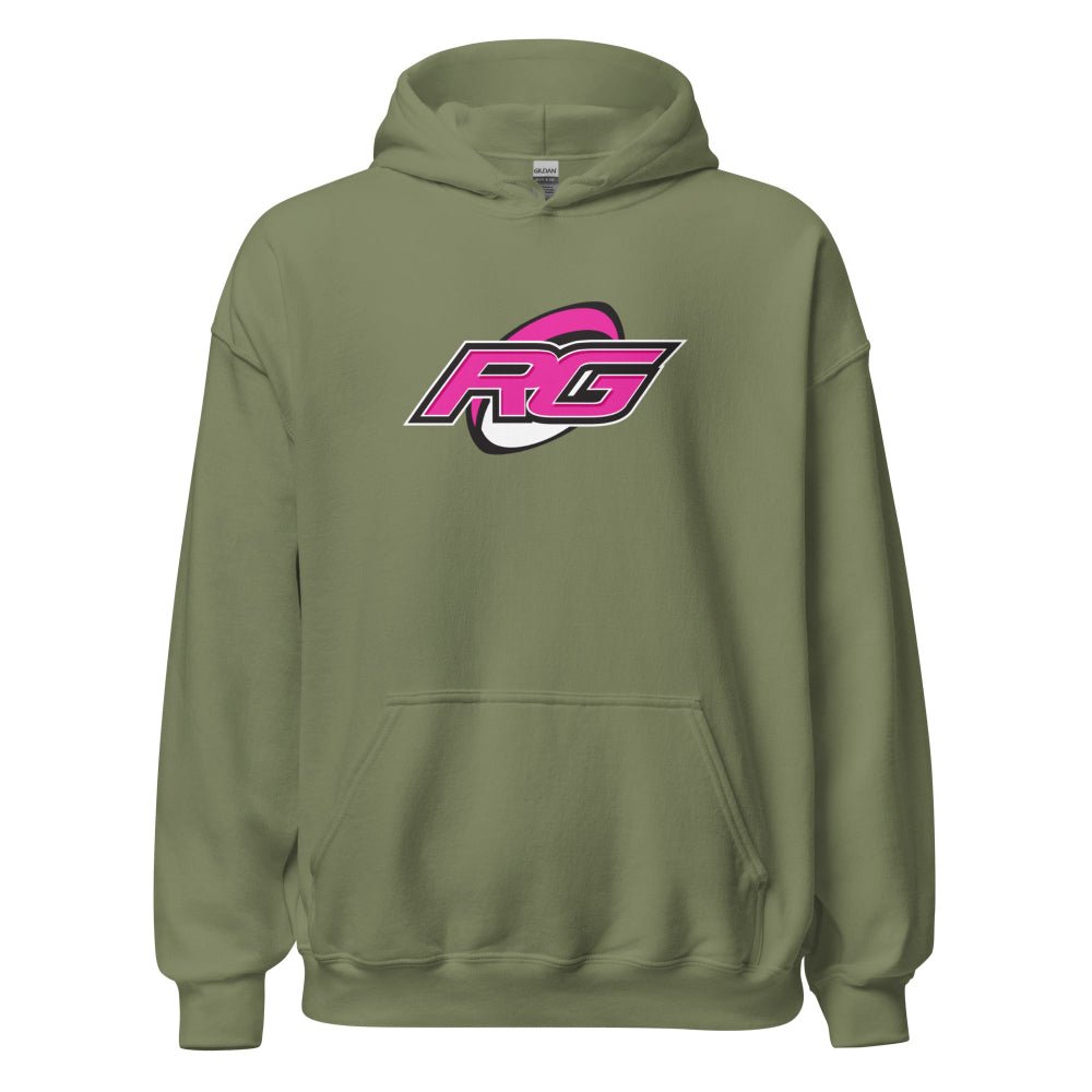 Military green women's rugby hoodie with bold pink RG logo, perfect rugby apparel and gift. - Rugby Girl