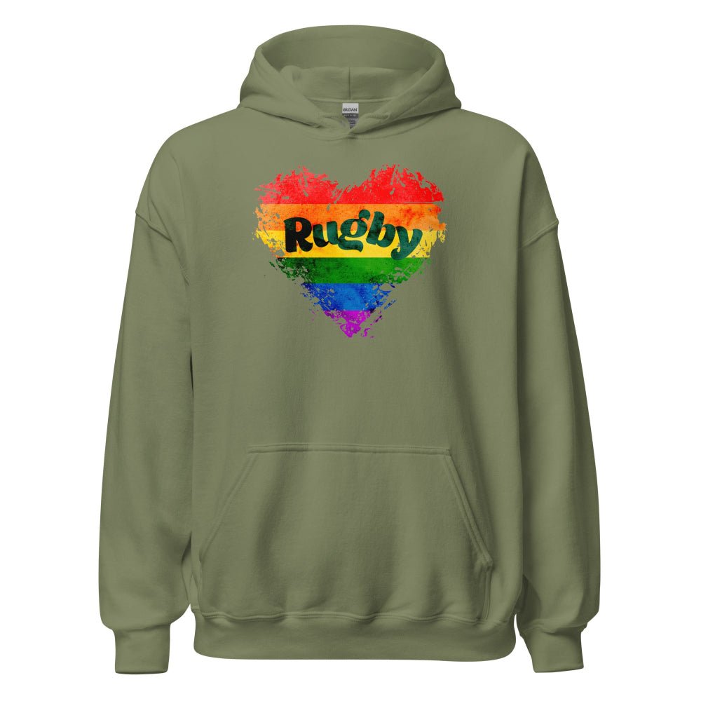 Olive green women's rugby hoodie with rainbow heart and "Rugby" text, casual rugby girl apparel. - Rugby Girl