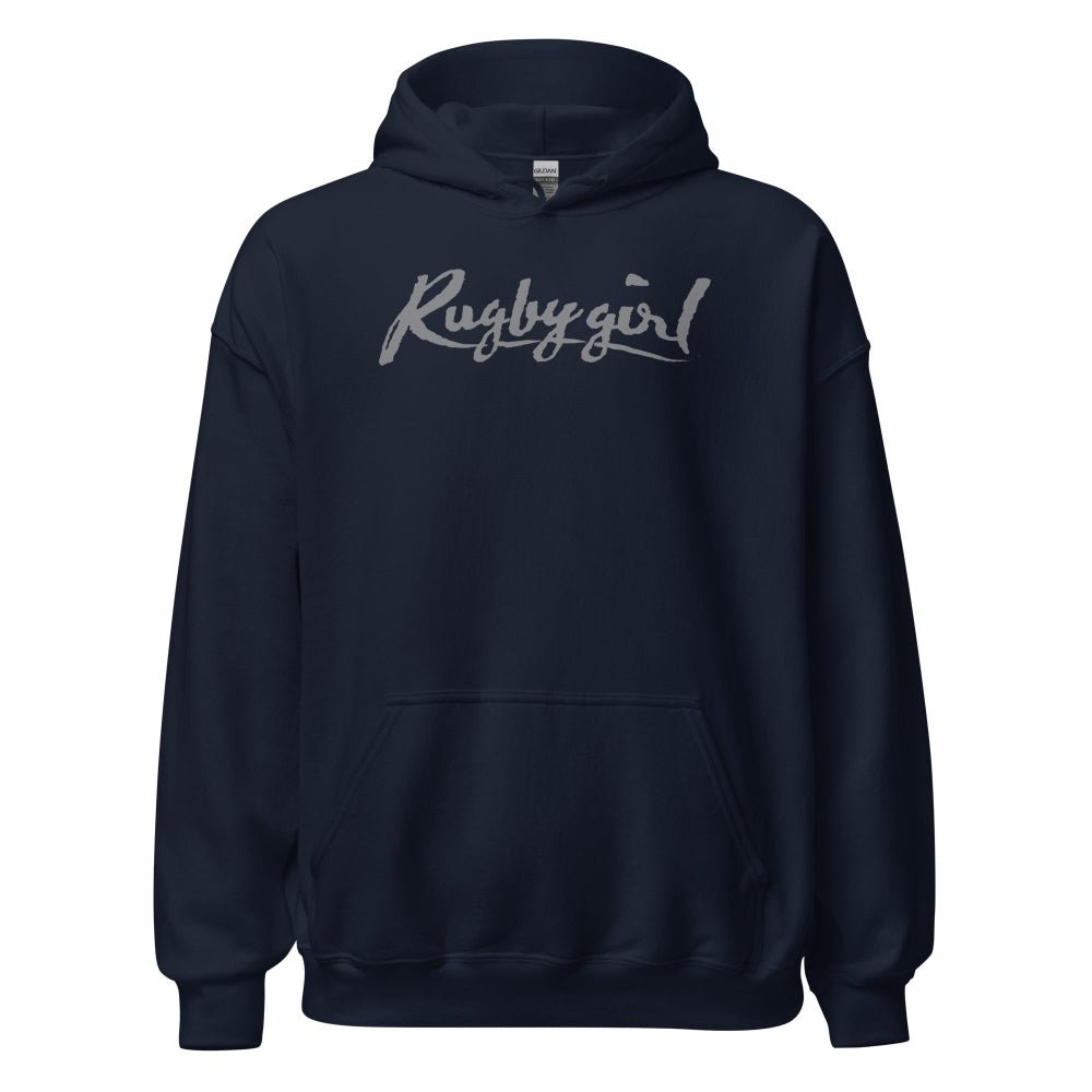 Navy women's rugby hoodie with silver "Rugby girl" script, casual fit, kangaroo pocket. - Rugby Girl