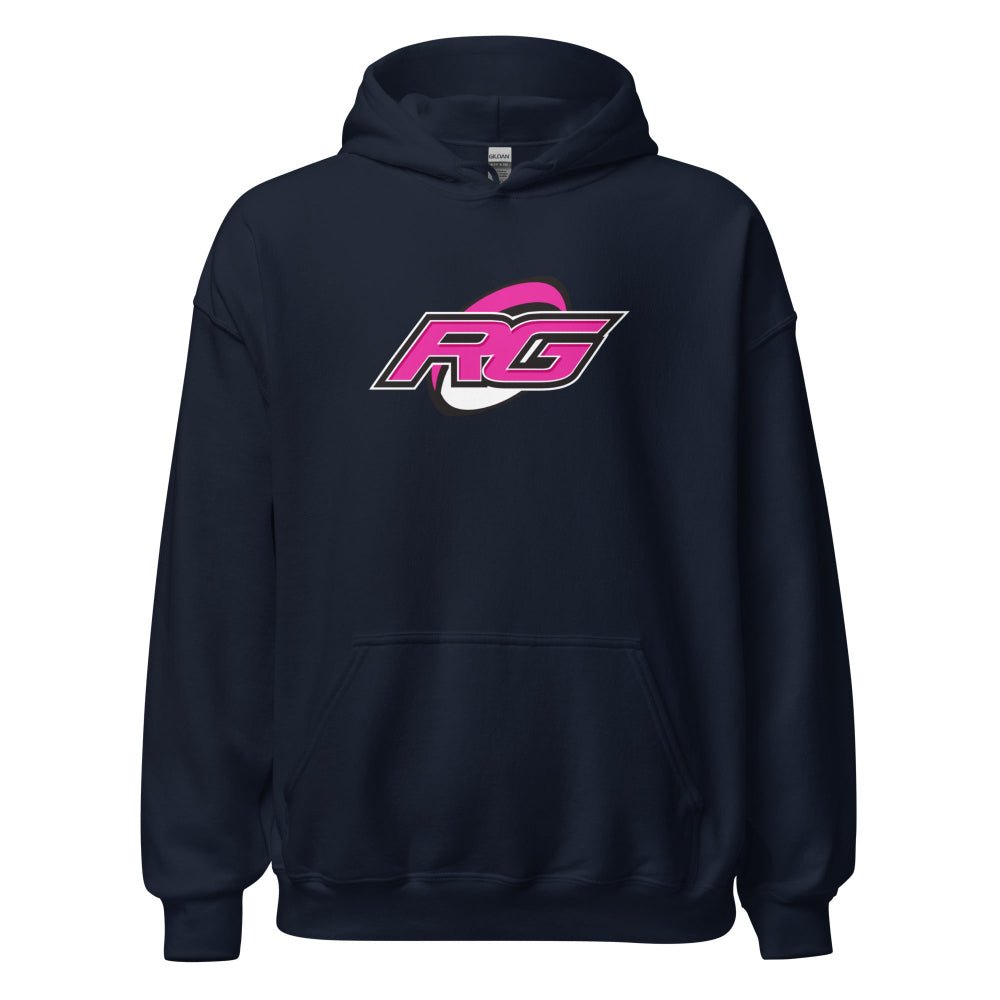 Navy women's rugby hoodie with pink and white RG logo, casual rugby apparel for women and fans. - Rugby Girl
