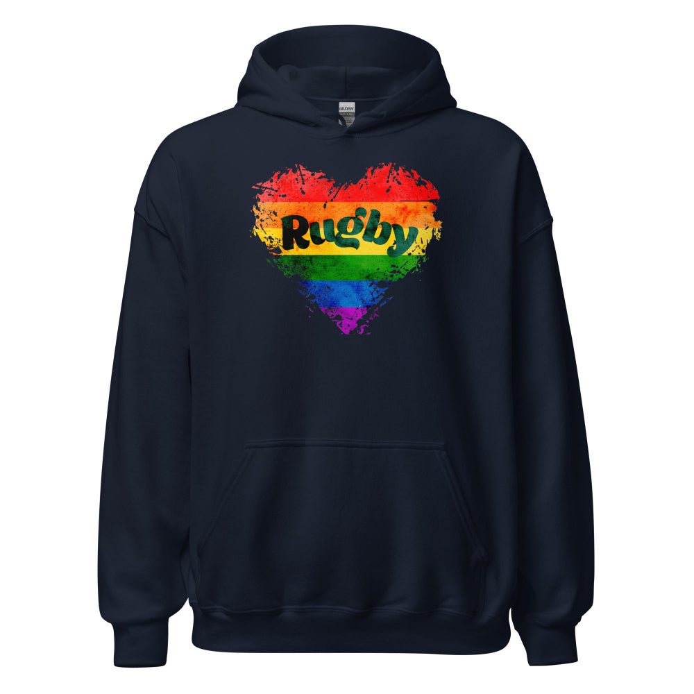 Navy women's rugby hoodie with rainbow heart and Rugby Girl Pride Love graphic, casual rugby apparel. - Rugby Girl